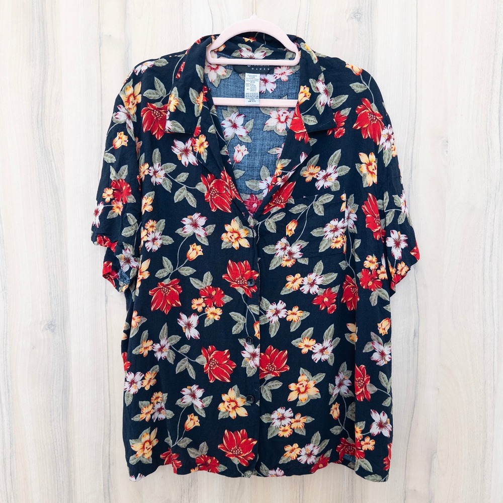 VTG Sag Harbor Women 90s Floral Blouse Size 2X Black Multi Cottage Boho Romantic
